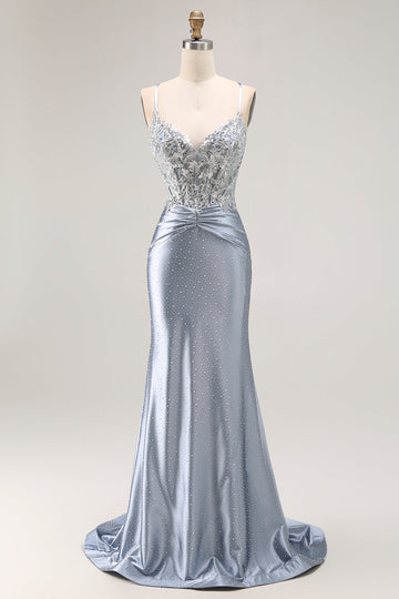 Grey Blue Mermaid Beaded Corset Long Prom Dress With Appliques